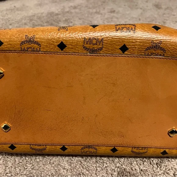 MCM Cognac Visetos Coated Canvas Heritage Boston Bag.